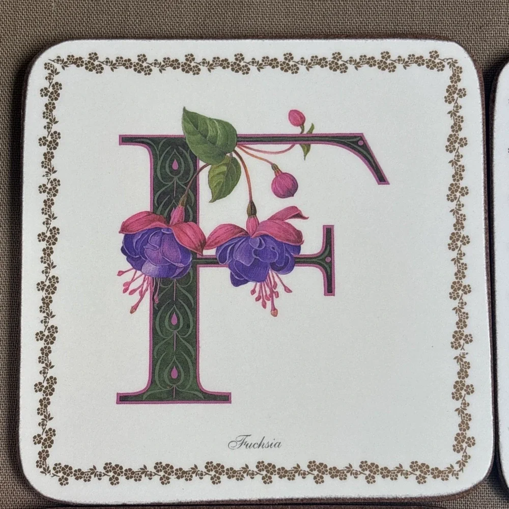 Pimpernel Set of 6 Letter F Fuschia  Coasters Cork Back in original box England